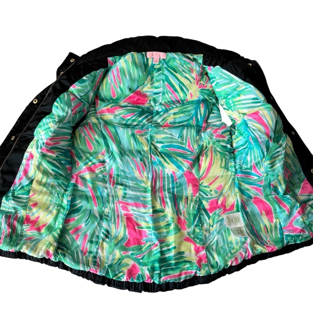 Lilly Pulitzer Black Down Filled Puffer Vest Full Zip Snap Inside Color Lining